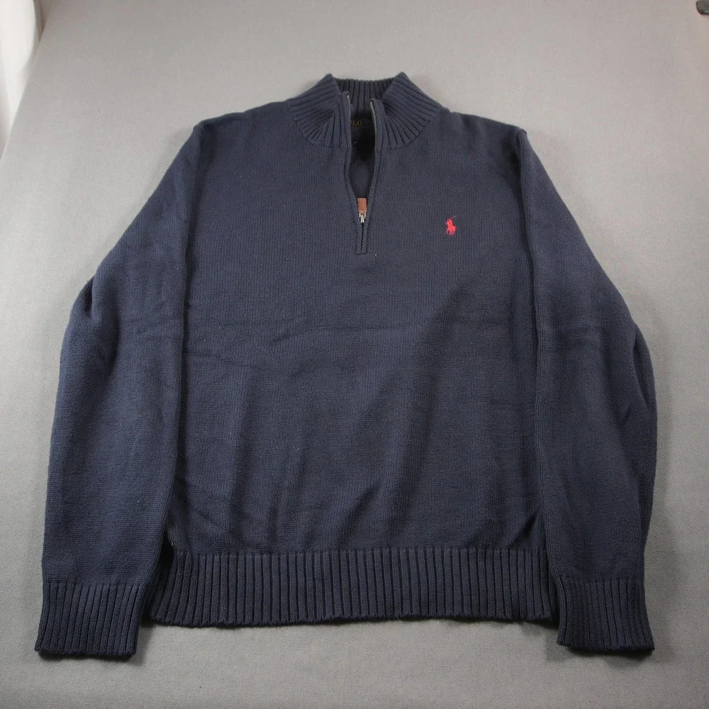 Polo Ralph Lauren Knit 1/4 Zip Mock Neck Men Sweater L Navy Nautical Prep Y2K